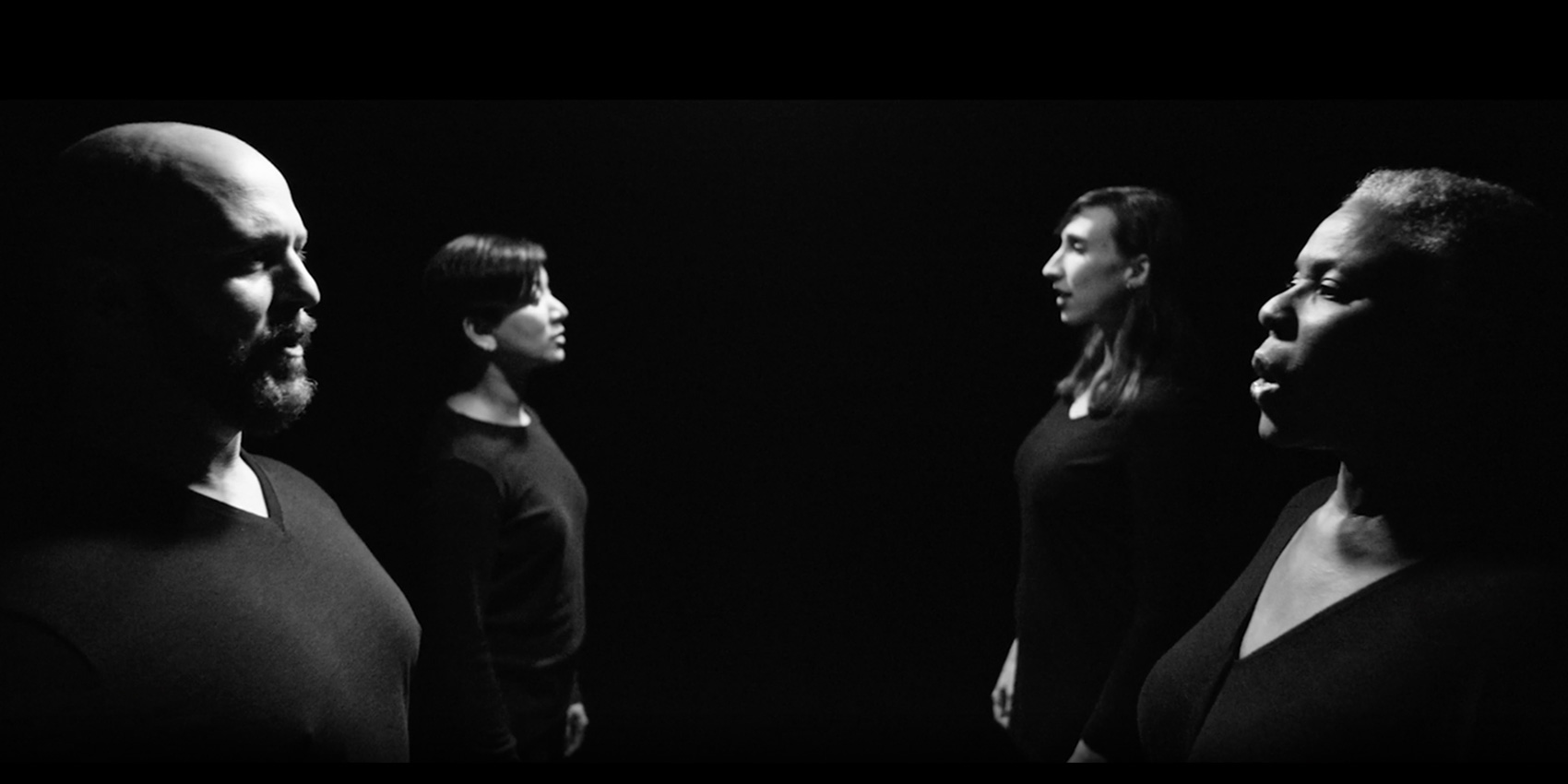 Black & white image of four vocalists in the Los Angeles Master Chorale