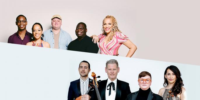 Collage of two images. Nine musicians standing, holding instruments in front of plain backgrounds.