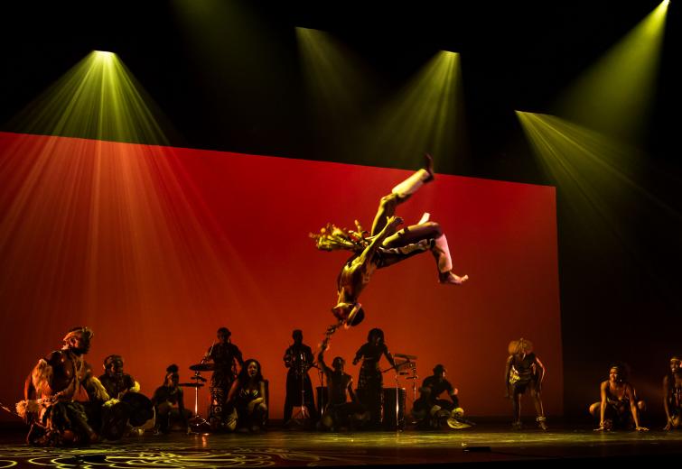 One performer in a dynamic aerial pose with other performers behind on stage