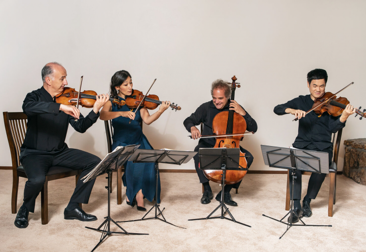 Four musicians perform in front of a neutral background