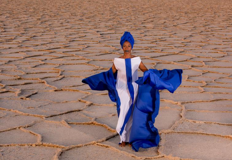 The performer stands outside in the desert with a flowing costume